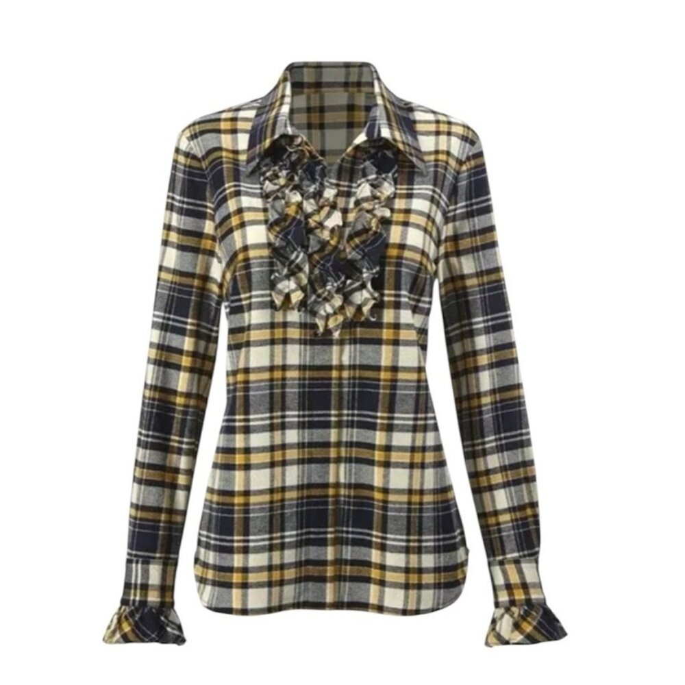 CAbi Seattle Blue Yellow Plaid Ruffle Front Long Sleeve Preppy Shirt Medium